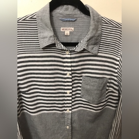 Merona Women's Cotton Button Down Gray White Striped Blouse Shirt Tunic. Size L - Picture 4 of 10